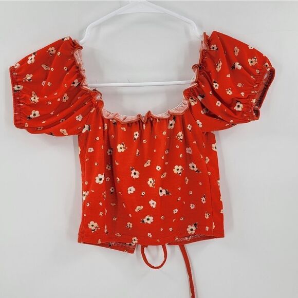 Pretty little thing crop top orange lace up 2 flower floral off the shoulder - Picture 2 of 4